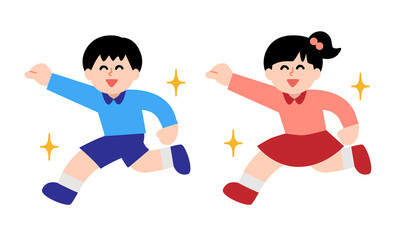 	ガッツポーズしながら走る子供2人