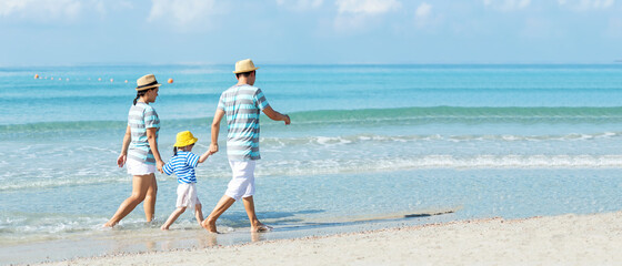 Happy family summer sea  beach vacation. Asia young people lifestyle travel enjoy fun and relax in holiday. 