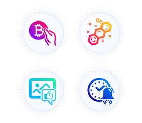 Like photo, Chemical formula and Bitcoin pay icons simple set. Button with halftone dots. Alarm bell sign. Thumbs up, Chemistry, Cryptocurrency coin. Time. Business set. Vector