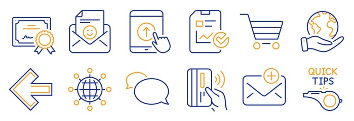 Set of Business icons, such as Report checklist, Messenger. Certificate, save planet. New mail, Swipe up, International globe. Contactless payment, Tutorials, Left arrow. Vector