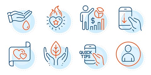 Wash hands, Avatar and Seo statistics signs. Education, Heart flame and Love letter line icons set. Fair trade, Scroll down symbols. Quick tips, Love fire. People set. Outline icons set. Vector