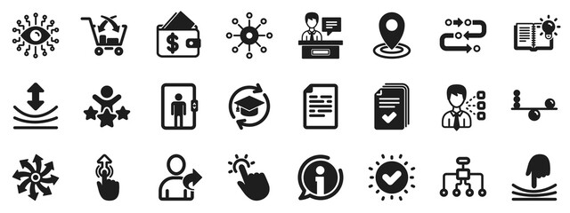 Continuing education, Methodology and Exhibitors signs. Artificial intelligence, Balance and Refer a friend icons. Swipe up, Elastic and artificial intelligence icons. Vector