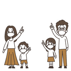 笑顔で上を指している4人家族のイラスト