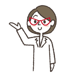 手で案内する、笑顔の白衣の女性のイラスト