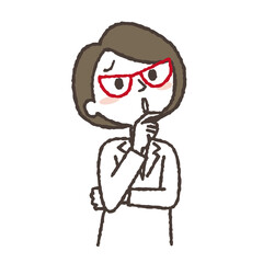 腕を組んで悩んでいる白衣の女性のイラスト