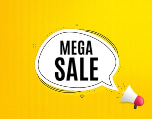 Mega Sale. Megaphone banner with chat bubble. Special offer price sign. Advertising Discounts symbol. Loudspeaker with speech bubble. Mega sale promotion text. Social Media banner. Vector