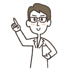 指差しながら、笑顔で説明する白衣の男性のイラスト