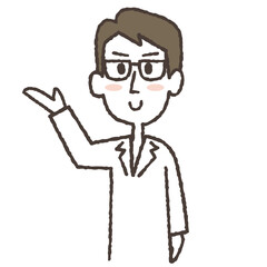 手で案内する、笑顔の白衣の男性のイラスト