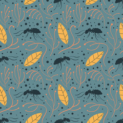 Naklejka premium Nature seamless pattern with ants and leaves. Vector illustration.