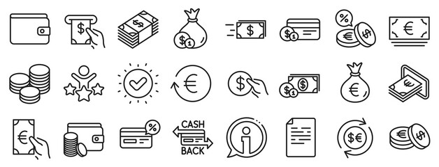 Set of Credit card, Cash and Coins icons. Money wallet line icons. Banking, Currency exchange and Cashback service. Wallet, Euro and Dollar money, credit card. Cash exchange, bank payment. Vector