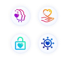 Wedding locker, Heart and Hold heart icons simple set. Button with halftone dots. Dating network sign. Valentines day, Love head, Care love. Relationships network. Love set. Vector