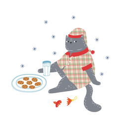 A cute fat cat dressed in pajamas and a nightcap is waiting for Santa Claus to arrive with milk and cookies. Cute Christmas vector illustration.