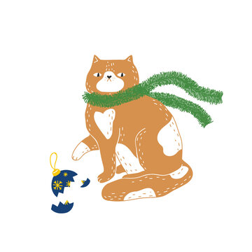 A cute fat cat dressed in Christmas tree tinsel around his neck, in the manner of a scarf, broke a Christmas tree toy. Cute Christmas vector illustration.