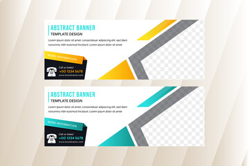 set of horizontal white banners with triangular shapes for a photo. Universal template for a web site with text, buttons and transparent elements. orange and green element colors