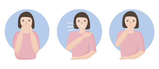 How to sneeze or cough properly, to prevent the spread of viruses. you have to close your mouth with hand. people with a cold and a disease sneeze. Preventive measures against coronavirus infection