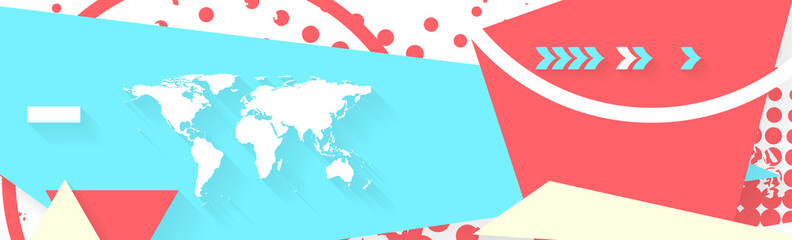 Pink and cyan minimal geometric flat abstract background with world map. Grunge futuristic vector banner design