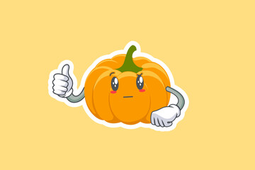 REALLY, ATTENTIVE, Curios Face Emotion. Thumb Up Hand Gesture. Yellow, Orange Pumpkin Fruit Cartoon Drawing Mascot Illustration.