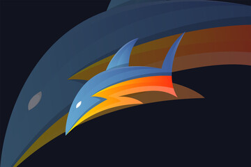 thunder shark fish logo design template with orange and blue gradient isolated on dark background. 