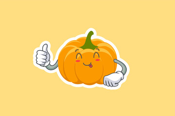 YUM, TONGUE, cheerful Face Emotion. Thumb Up Hand Gesture. Yellow, Orange Pumpkin Fruit Cartoon Drawing Mascot Illustration.