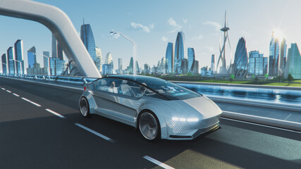 Shot of a Futuristic Self-Driving Van Moving on a Public Highway in a Modern City with Glass...