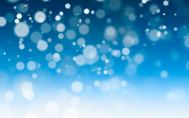 White lights bokeh, snowfall, defocus glitter blur on blue background. copy space ,illustration.