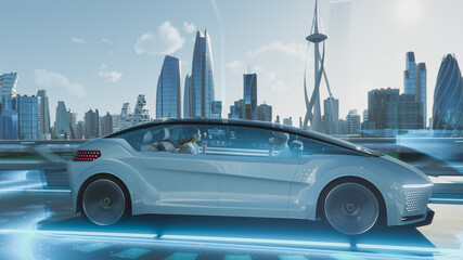 Shot of a Futuristic Self-Driving Van Moving on a Public Highway in a Modern City with Glass Skyscrapers. Beautiful Female and Senior Man are Having a Conversation in a Driverless Autonomous Vehicle.