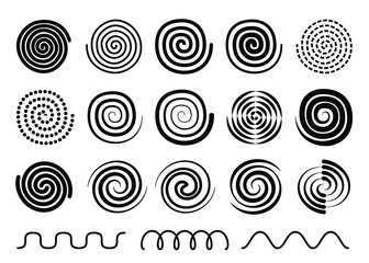 Vector swirl, twist, spiral set, collection of swirl Memphis design elements, black outline silhouette isolated on white background