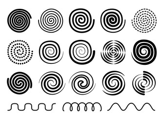  Swirl, twist, spiral set, collection of swirl Memphis design elements, black outline silhouette isolated on white background