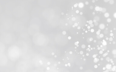 White lights bokeh, snow fall, defocus glitter blur on gray background. copy space. illustration.