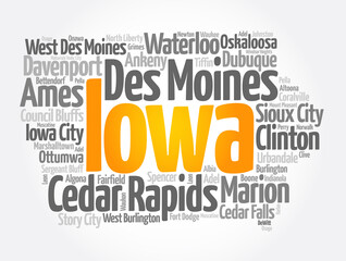 List of cities in Iowa USA state, map silhouette word cloud, map concept background