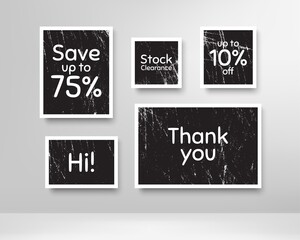 Save 75%, 10% discount and stock clearance. Black photo frames with scratches. Thank you phrase. Sale shopping text. Grunge photo frames. Images on wall, retro memory album. Vector