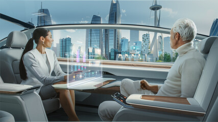 Casual Business Meeting Between Senior Male and Female inside a Futuristic Driverless Autonomous Car with Augmented Reality Presentation Interface. Self-Driving Van Driving on Downtown City Streets.