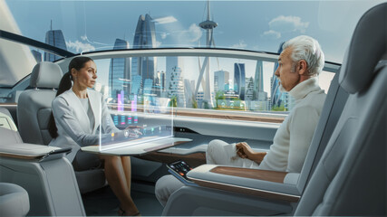 Casual Business Meeting Between Senior Male and Female inside a Futuristic Driverless Autonomous Car with Augmented Reality Presentation Interface. Self-Driving Van Driving on Downtown City Streets. 