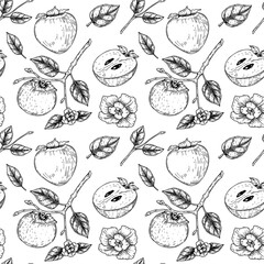 Vintage seamless pattern with hand drawn persimmon fruits, slices and leaves. Vector illustration in sketch style.