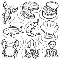 Seafood Hand Drawn Doodle icon set. simple and trendy Sketching element Vector illustration
