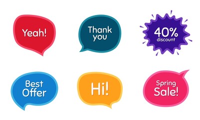 Best offer, 40% discount and spring sale. Colorful chat bubbles. Thank you phrase. Sale shopping text. Chat messages with phrases. Texting thought bubbles. Vector