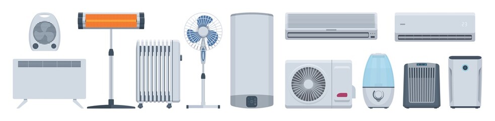 Flat climatic appliances set. Conditioners, heaters & other. Vector illustration