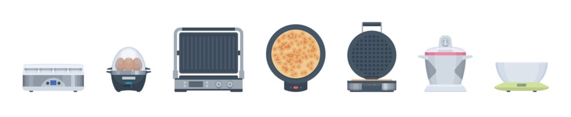 Flat appliances set. Grill, ice cream maker & other. Vector illustration