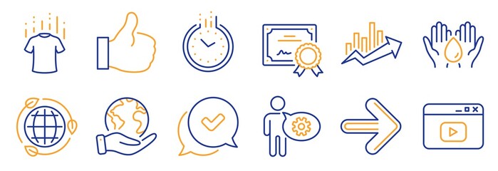 Set of Business icons, such as Eco energy, Next. Certificate, save planet. Cogwheel, Video content, Growth chart. Approved, Like, Safe water. Time, Dry t-shirt line icons. Ecology, Forward. Vector