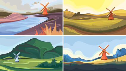 Collection of landscapes with windmill. Beautiful nature scenery.