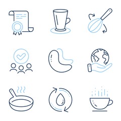 Refill water, Cooking whisk and Cashew nut line icons set. Diploma certificate, save planet, group of people. Coffee cup, Teacup and Frying pan signs. Recycle aqua, Cutlery, Vegetarian food. Vector