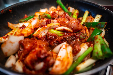 Dakdoritang is a kind of Korean food that means braised spicy chicken