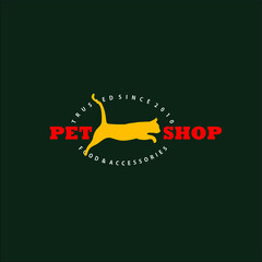 Vector illustration of pet shop logo with running cat silhouette with circle text isolated on dark background perfect for pet shop logo which provide food and accessories