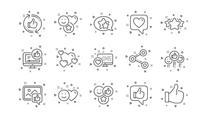 Share network, Like thumbs up and Rating. Social media line icons. Feedback smile linear icon set. Geometric elements. Quality signs set. Vector