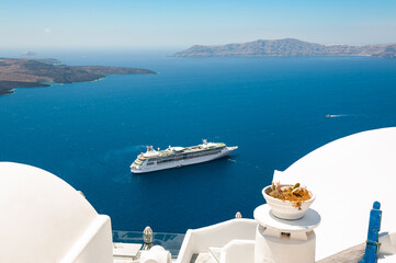White architecture and blue sea on Santorini island, Greece. Famous travel destination