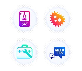 Bacteria, Tool case and Crane claw machine icons simple set. Button with halftone dots. Quick tips sign. Antibacterial, Repair service, Attraction park. Helpful tricks. Technology set. Vector