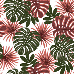 Tropical seamless pattern with leaves and plants on white background. Illustration in Hawaiian style. Jungle leaves. Botanical pattern. Vector background for various surface.