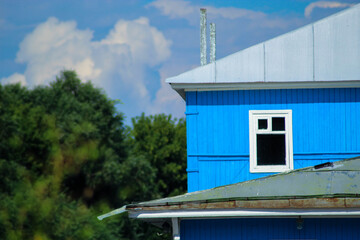 Blue wooden house on the background of summer greenery