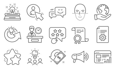 Set of Technology icons, such as Star, Happy emotion. Diploma, ideas, save planet. Share idea, Technical documentation, Megaphone. User, Ranking star, Web report. Vector