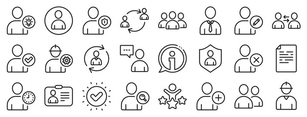 Profile, Group of people and Support signs. Users line icons. ID card, Teamwork people and Businessman user symbols. Person talk, Engineer profile and Human Management. Job support. Vector